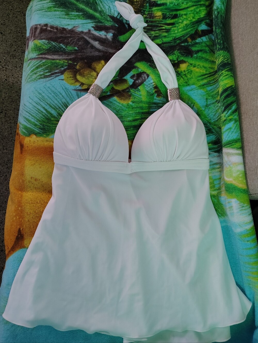 Venus White Halter Tankini Swim Top with Silvertone Accents